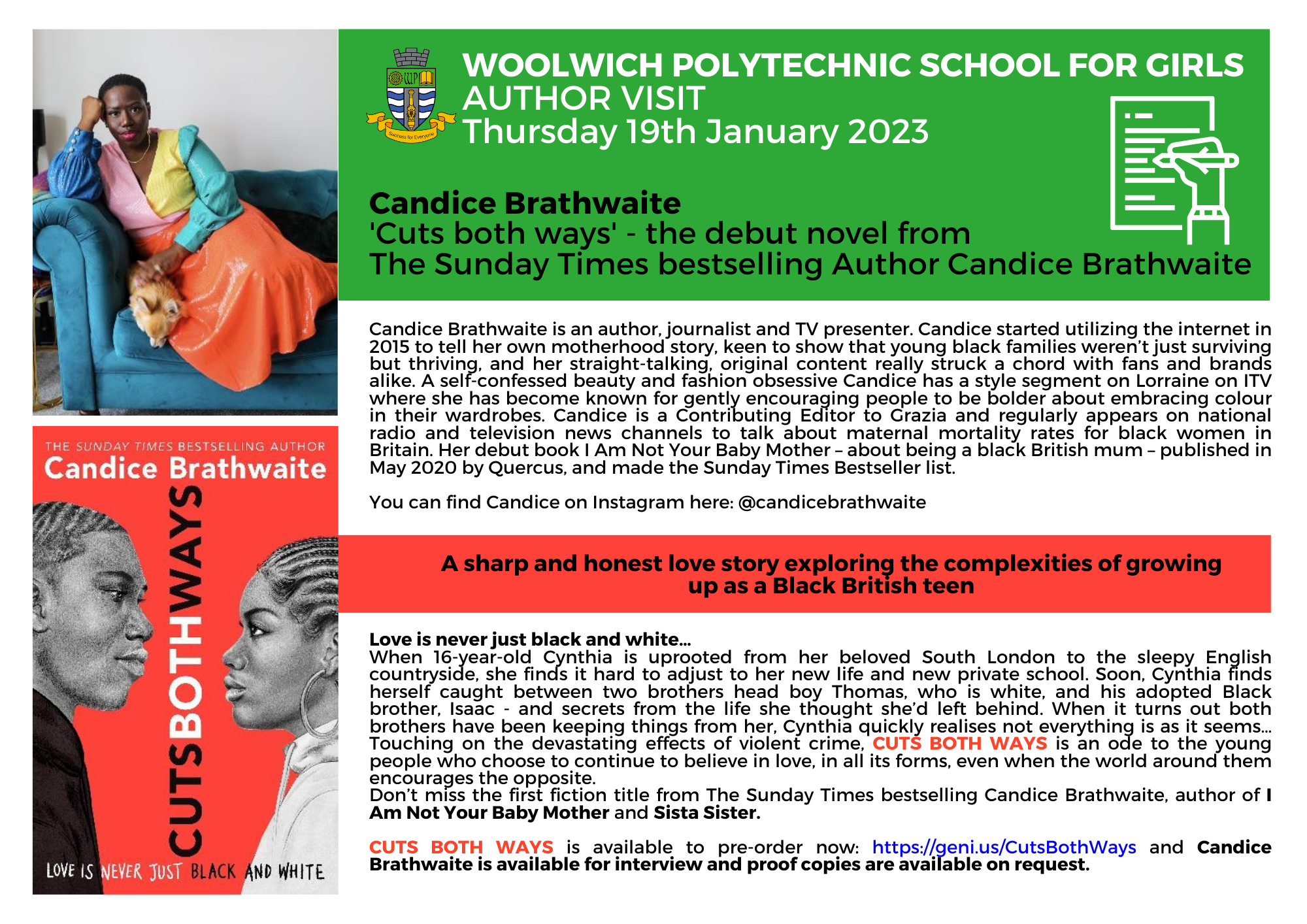 Woolwich Polytechnic School for Girls - Author Visit - Thursday 19th  January 2023